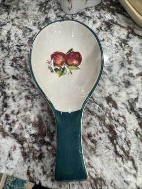 Ceramic Teal Spoon Rest with Red Fruit Motif
